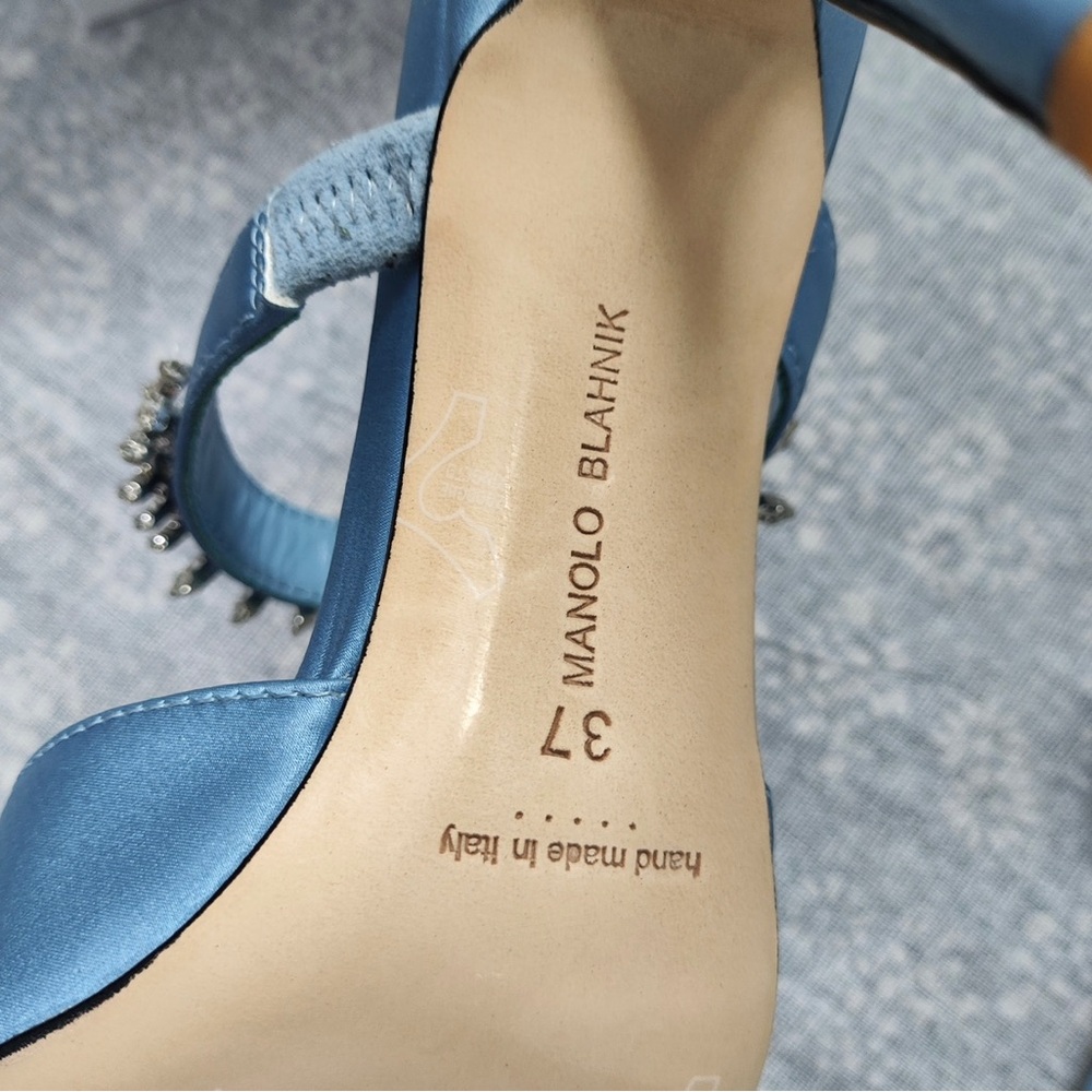 Manolo Blahnik Light Blue Satin Pointed-Toe Jeweled Mules - Picture 12 of 13